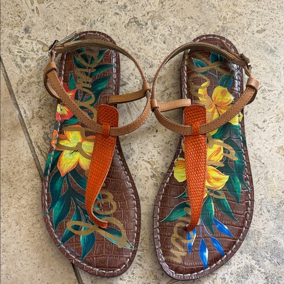 Sam Edelman Shoes - Sam Edelman Brown Leather Floral T‑Strap Sandals with Orange Accent